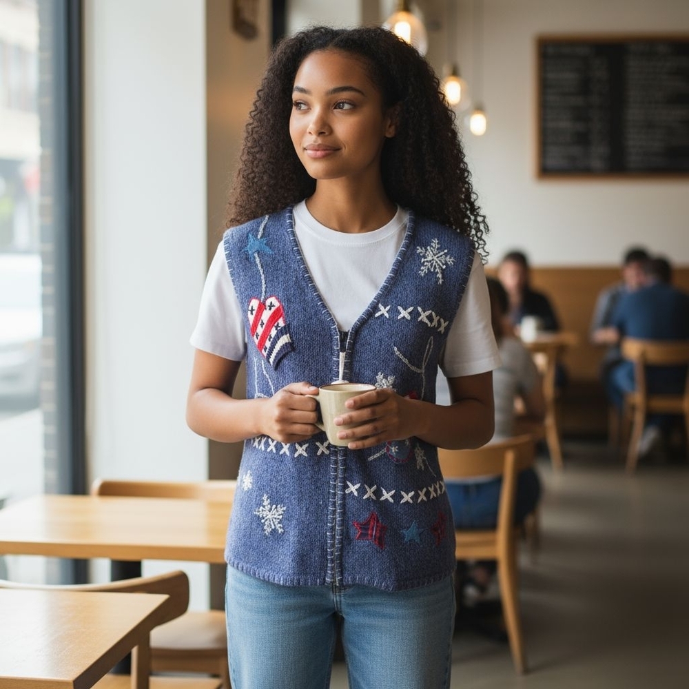 Blue Knit Vest with‎ Snowflake and Heart Patterns